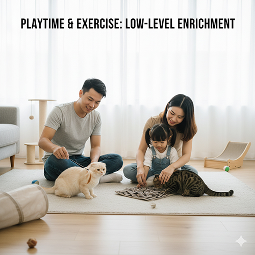 Gia đình cùng hai bé mèo chơi đồ chơi thấp tầng như cần câu và thảm mùi để kích thích vận động nhẹ và gắn kết.