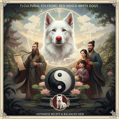 Minh họa yêu tố dân gian Việt Nam về chó trắng mũi đỏ kèm ý nghiã trung lập và góc nhìn khoa học về sắc tố
