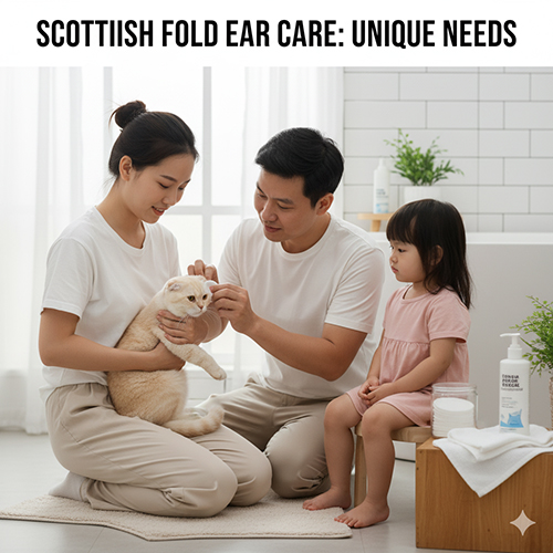 Gia đình nhẹ nhàng vệ sinh tai cho mèo Scottish Fold trong phòng tắm, sử dụng dung dịch chuyên dụng và bông mềm.