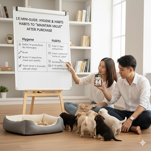 Cặp đôi trẻ cùng sáu chú chó con trước bảng hướng dẫn vệ sinh và nề nếp giúp giữ giá trị chó cỏ con sau khi mua.