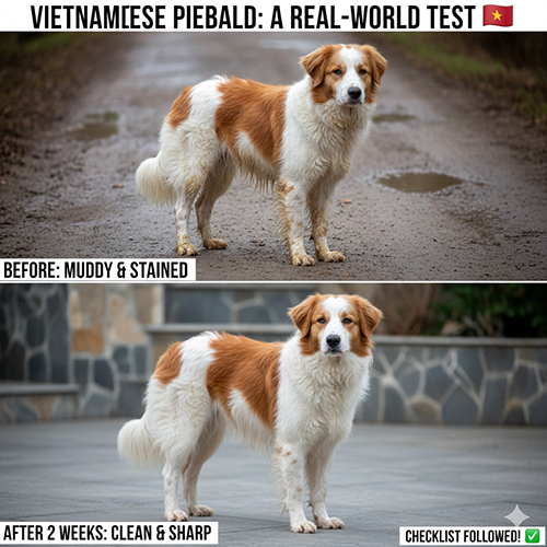 Chó cỏ Việt Nam khoang pied: ảnh trước bùn ố và sau 2 tuần sạch, ranh giới mảng rõ