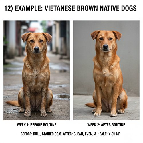 chó cỏ Việt Nam màu nâu trước và sau khi chăm sóc lông