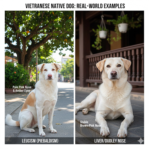 Hai ví dụ chó cỏ Việt Nam long trắng: một bé leucism mũi hồng nhạt – mắt hổ phách và một bé liver/dudley mũi nâu–hồng ổn định