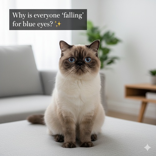 Mèo mặt tịt lông sáng mắt xanh ngồi trên ghế sofa trong phòng khách tối giản, nhìn thẳng vào ống kính