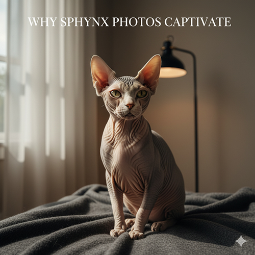 Mèo Sphynx không lông ngồi trên giường, ánh sáng cửa sổ chiếu nhẹ tạo nếp da rõ nét