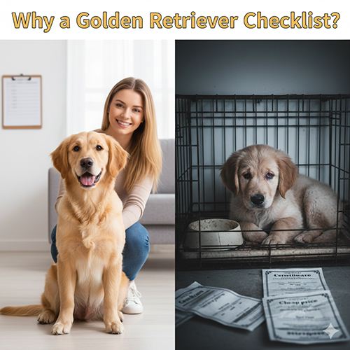 Hình so sánh mua bán chó Golden Retriever có trách nhiệm và hậu quả khi thiếu checklist, với một bên là cô gái ôm Golden khỏe mạnh và bên kia là Golden con buồn bã trong lồng cùng giấy tờ hóa đơn