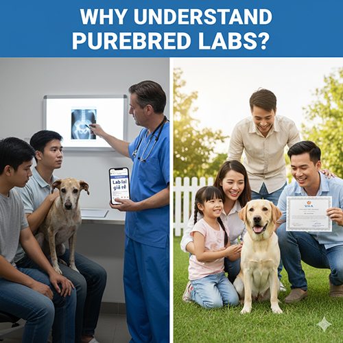 Bên trái là chú chó Labrador đang được bác sĩ thú y tư vấn, bên phải là gia đình hạnh phúc ôm chó Lab vàng thuần chủng kèm giấy chứng nhận.