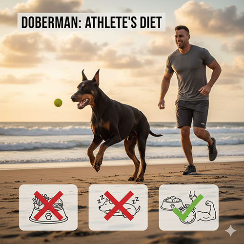 Chó Doberman chạy trên bãi biển cùng chủ, minh họa Doberman như “vận động viên bốn chân” cần ăn đúng