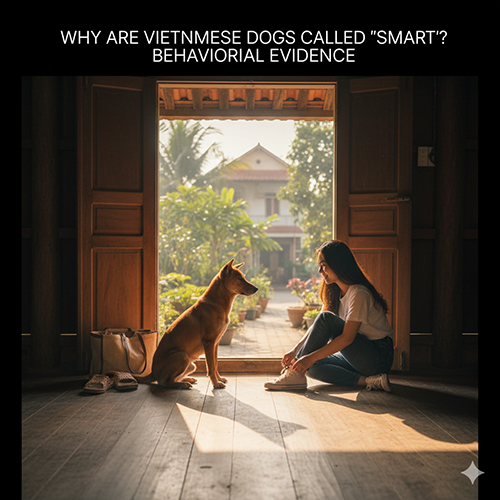 Cô gái Việt ngồi bên cửa gỗ trò chuyện với chú chó cỏ, ánh nắng chiều chiếu vào ấm áp – biểu hiện sự thông minh và gắn bó của chó Việt.