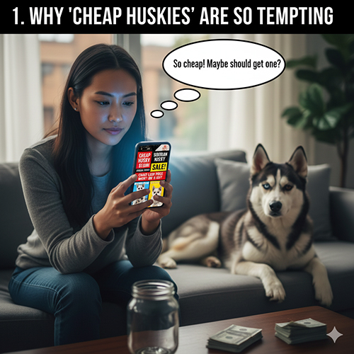 Người trẻ xem quảng cáo chó Husky giá rẻ trên điện thoại khi đang ngồi cùng chó Husky trong nhà