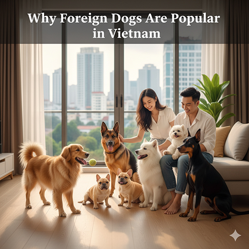 Cặp đôi trẻ ngồi trong phòng khách cùng nhóm chó ngoại gồm Golden Retriever, Samoyed, Poodle, Becgie, Doberman và Bulldog Pháp.