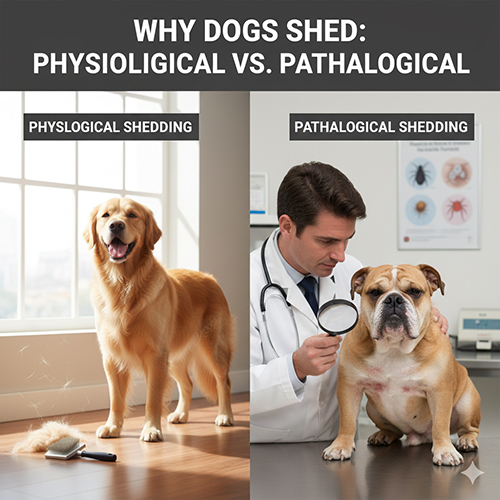 Infographic so sánh rụng lông sinh lý và rụng lông bệnh lý: chó rụng lông bình thường ở nhà và bác sĩ thú y kiểm tra chó bị rụng lông bất thường