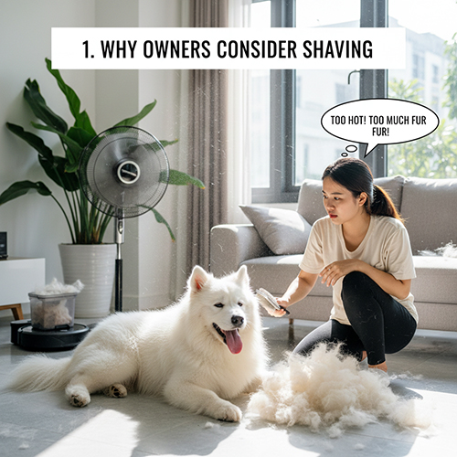 Chủ nuôi cạo lông chó Samoyed vì thời tiết nóng và rụng lông nhiều