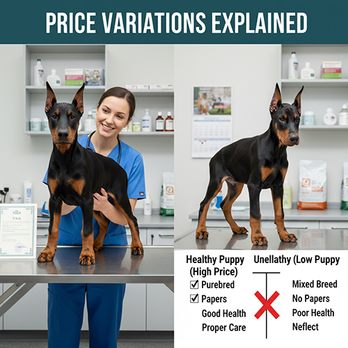 Hai hình so sánh Doberman con khỏe mạnh tại phòng khám thú y và Doberman con kém chăm sóc với biểu đồ giải thích chênh lệch giá