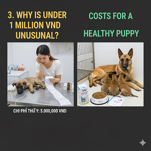 Ảnh so sánh chi phí thú y của chó con yếu và chi phí nuôi một đàn Malinois khỏe mạnh – lý giải vì sao giá dưới 1 triệu là bất thường