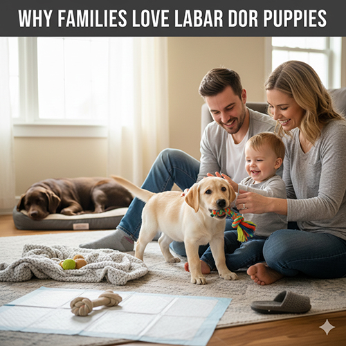 Gia đình chơi cùng chó Labrador con trong nhà, Labrador con hiền lành với trẻ nhỏ