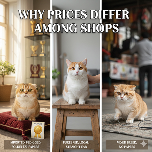 Ảnh so sánh 3 trường hợp mèo Munchkin: nhập khẩu có giấy tai cụp, thuần trong nước tai thẳng, và mèo lai không giấy tại chợ – lý giải vì sao giá bán chênh lệch giữa các shop
