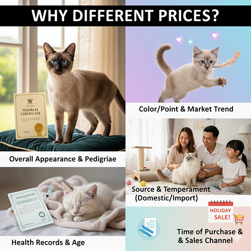 Bộ ảnh minh họa các yếu tố ảnh hưởng đến giá mèo Xiêm: ngoại hình, màu point, phả hệ, nguồn nuôi, sức khỏe và thời điểm mua