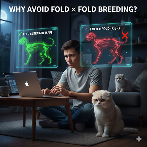 Chàng trai ngồi trước laptop cùng hai chú mèo Scottish Fold, trên màn hình hiển thị so sánh giữa phối giống Fold × Straight an toàn và Fold × Fold rủi ro, minh họa lý do nên tránh phối hai mèo tai cụp