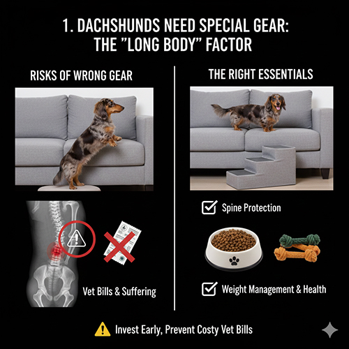 Giải thích vì sao chó Lạp xưởng cần bộ đồ dùng riêng do thân dài và nguy cơ chấn thương cột sống