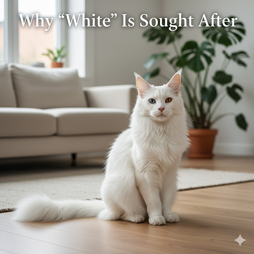 Mèo Maine Coon trắng mắt hai màu ngồi trong phòng khách sáng tối giản