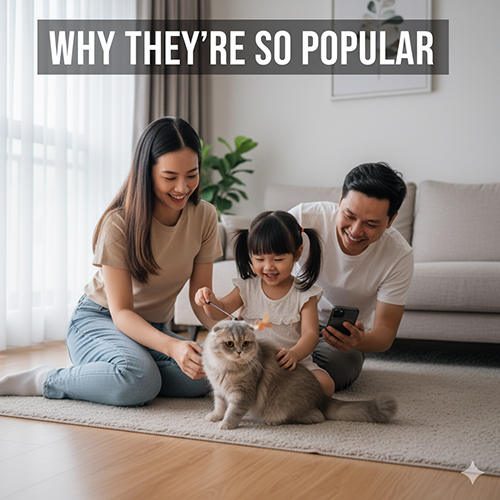 Gia đình nhỏ vui đùa cùng mèo Anh lông ngắn tai cụp trong phòng khách sáng sủa