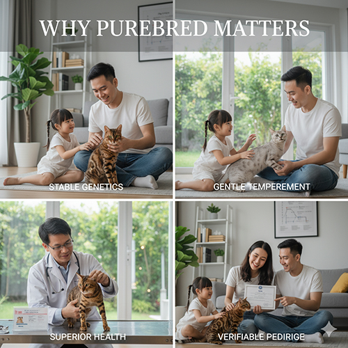 Gia đình và bác sĩ thú y bên mèo Bengal thuần chủng – minh họa lý do vì sao giống thuần có giá trị di truyền và sức khỏe vượt trội