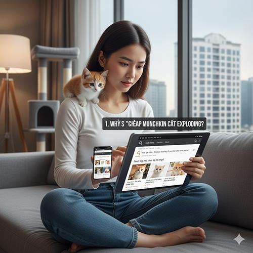 Cô gái ngồi trên sofa với mèo Munchkin con trên vai, vừa xem kết quả tìm kiếm “mèo chân ngắn giá rẻ” trên máy tính bảng và điện thoại; bối cảnh minh họa xu hướng từ khóa tăng mạnh.