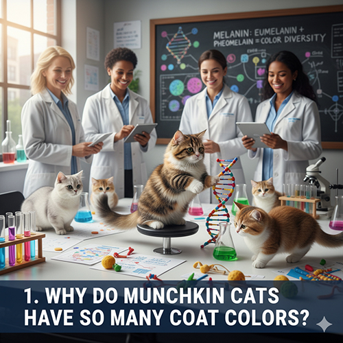 Nhà khoa học đang nghiên cứu di truyền màu lông mèo Munchkin trong phòng thí nghiệm; nhiều chú mèo với coat khác nhau (silver, golden, tabby, colorpoint); bảng melanin, eumelanin, pheomelanin phía sau