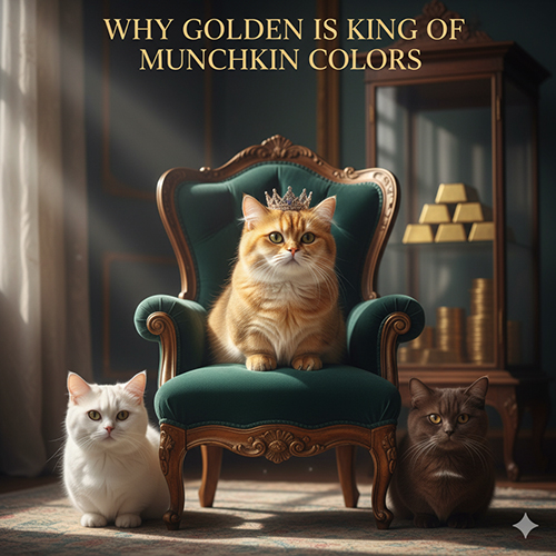 Mèo Munchkin Golden đội vương miện ngồi trên ghế xanh sang trọng, hai mèo trắng và nâu bên cạnh, tượng trưng cho sự quý phái và hiếm có của màu lông vàng.
