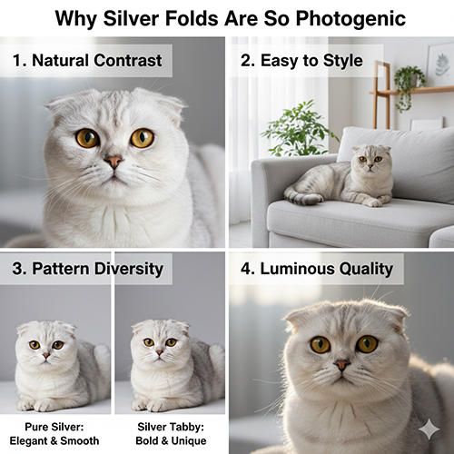 Bộ ảnh mèo Silver Scottish Fold với nhiều kiểu pattern khác nhau, thể hiện sự tương phản tự nhiên và vẻ đẹp “ăn hình” dưới ánh sáng dịu