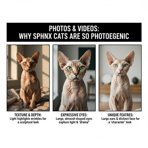 Ba hình mèo Sphynx thể hiện nếp da, mắt chanh và tai lớn giúp giống mèo này rất ăn hình