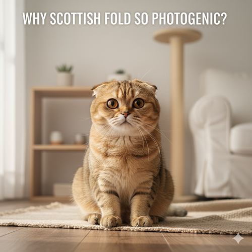 Mèo tai cụp Scottish Fold ngồi trên thảm trong phòng khách sáng, khuôn mặt tròn và đôi tai gập khiến bé trông cực kỳ ăn ảnh.