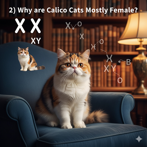 Mèo Ba Tư tam thể ngồi trên ghế xanh, kèm minh họa XX và XY giải thích vì sao tam thể chủ yếu là mèo cái