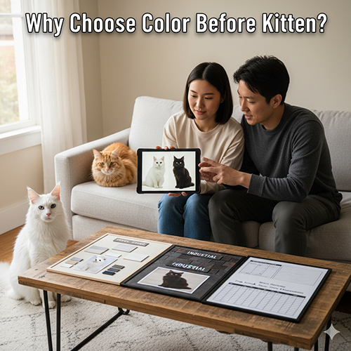 Cặp đôi đang xem ảnh mèo nhiều màu trên máy tính bảng để chọn màu trước khi chọn mèo con