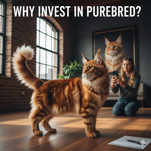 Mèo Maine Coon thuần chủng màu cam đứng trong phòng khách industrial, phía sau là chủ đang chụp ảnh, minh họa lý do thuần chủng được ưa chuộng.