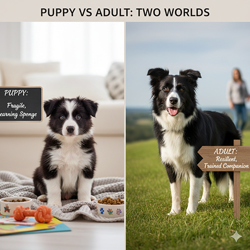 So sánh chó Border Collie con và trưởng thành để giải thích vì sao cần nghiên cứu riêng về giai đoạn chó con
