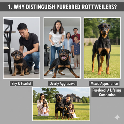 Infographic lý giải vì sao cần phân biệt chó Rottweiler thuần chủng: tính cách nhát, hung, lai tạp và hình ảnh gia đình với Rott thuần.