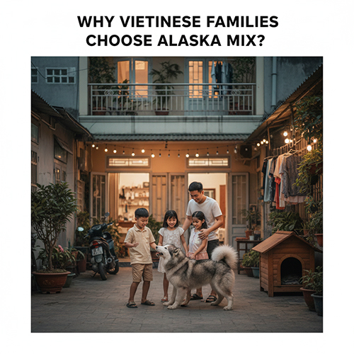 Gia đình Việt chơi đùa cùng chó Alaska lai chó cỏ trong sân nhà phố, không gian sống gần gũi