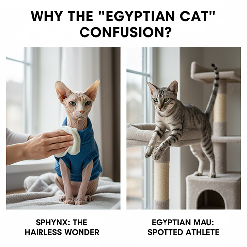 So sánh mèo Sphynx không lông và mèo Egyptian Mau đốm tự nhiên dễ gây nhầm lẫn tên gọi mèo Ai Cập