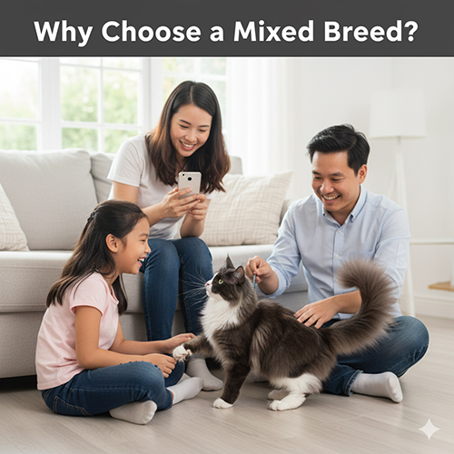 Gia đình chơi đùa với một bé Maine Coon lai màu bicolor trong phòng khách sáng, minh họa lý do nhiều người chọn Maine Coon lai.