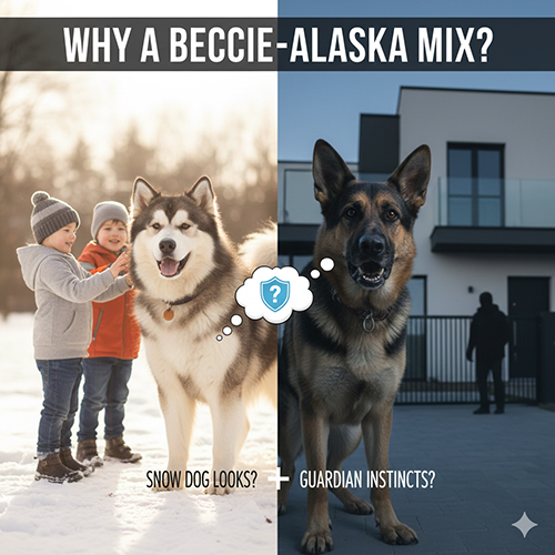 Chó Becgie lai Alaska đứng cạnh gia đình và trước cổng nhà, minh họa kỳ vọng vừa thân thiện vừa canh gác