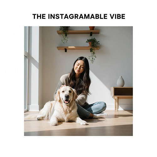 cho Golden mau trang kem nam ben canh co gai trong phong sang, tao cam giac sang va diu