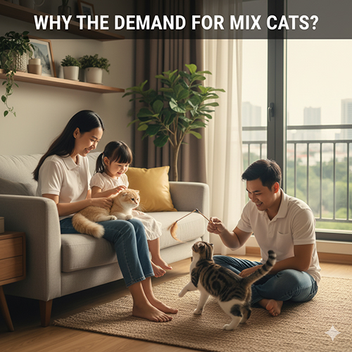 Gia đình trẻ cùng chơi với hai chú mèo, một mèo tai cụp và một mèo ta, trong phòng khách ấm cúng – thể hiện xu hướng yêu thích mèo lai ngày càng tăng tại Việt Nam.