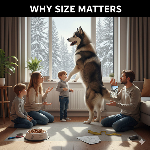 Gia đình chơi cùng chó Alaska Malamute kích thước lớn trong không gian phòng khách, minh họa tầm quan trọng của việc chọn đúng dòng chó Alaska