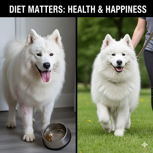 So sánh chó Samoyed có chế độ ăn không phù hợp và Samoyed khỏe mạnh lông trắng dày khi được ăn uống đúng cách