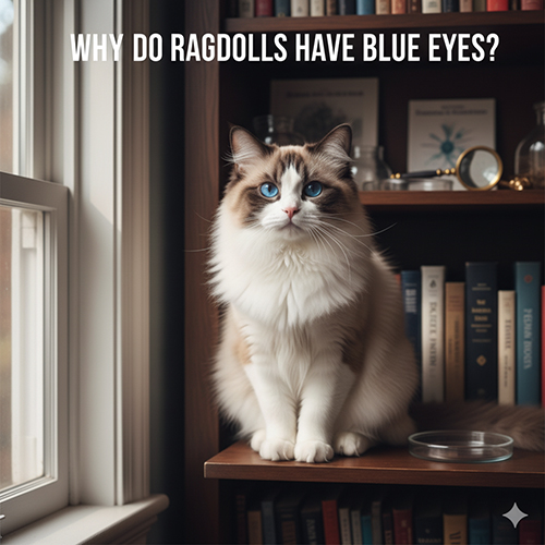 Mèo Ragdoll mắt xanh ngồi trên kệ sách cạnh cửa sổ, minh họa màu mắt đặc trưng do di truyền colorpoint