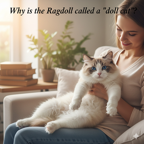 Mèo Ragdoll được bế trong lòng người phụ nữ, cơ thể thả lỏng giống búp bê vải – minh họa lý do tên gọi “mèo búp bê”.