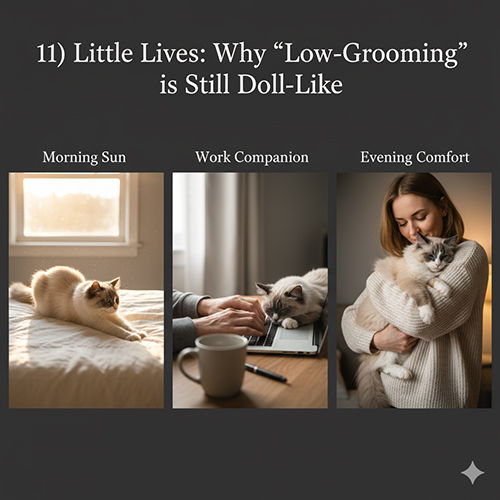 Ba khoảnh khắc đời thường với mèo Ragdoll: tắm nắng sáng, ngồi cạnh lúc làm việc và ôm êm buổi tối.