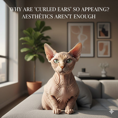 Mèo không lông tai cong ngồi trên sofa, minh họa lý do tai xoắn cuốn hút nhưng cần ưu tiên phúc lợi.